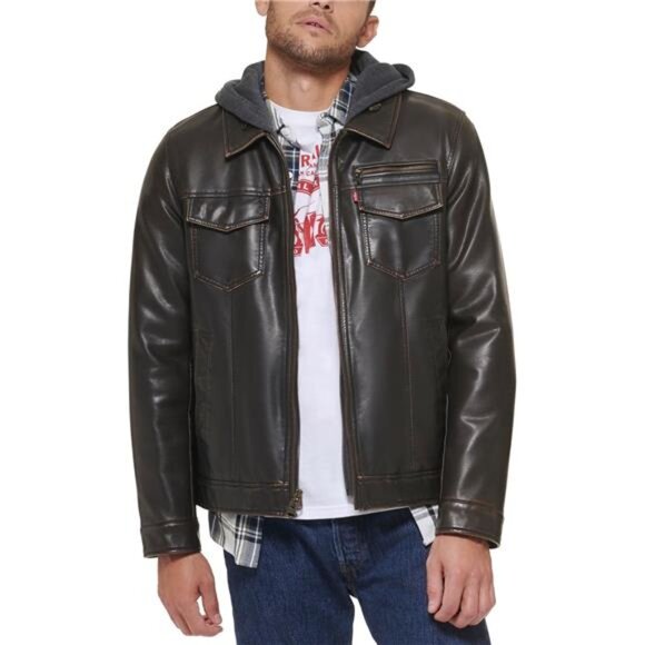 Levi's Men's Faux Leather Hooded Trucker Jacket With Sherpa Lining - Picture 1 of 16